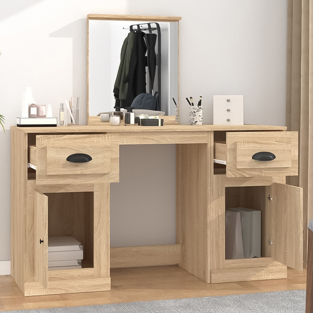 vidaXL 2 Door 2 Drawer Sonoma Oak Wooden Dressing Table with Mirror Image 1
