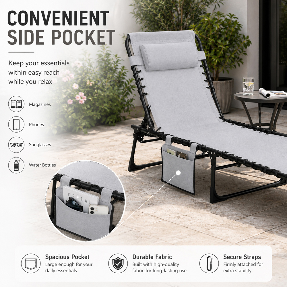 Shatchi Grey Foldable Sun Lounger with Adjustable Backrest Image 5