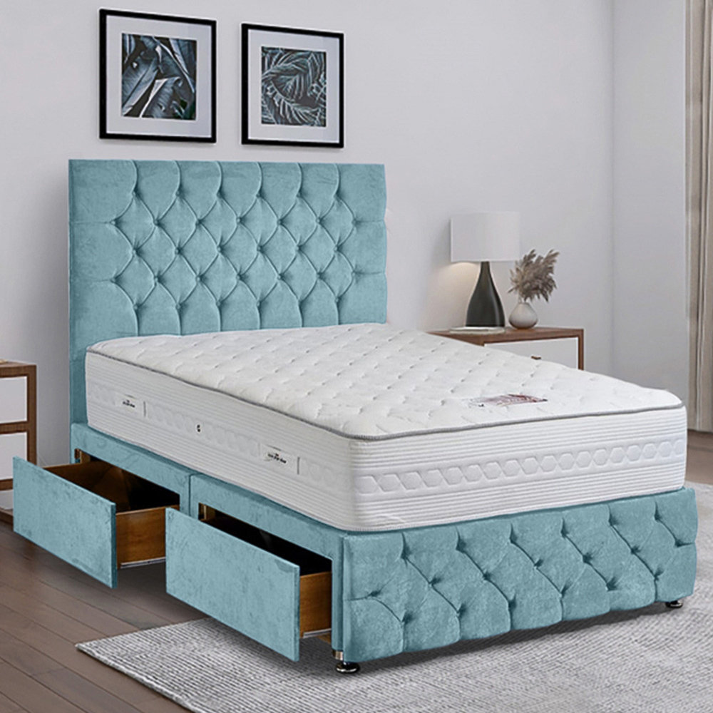Eleganza Home Comfyzone Small Double Duck Egg Plush Velvet Divan Bed with Chesterfield Headboard Image 1