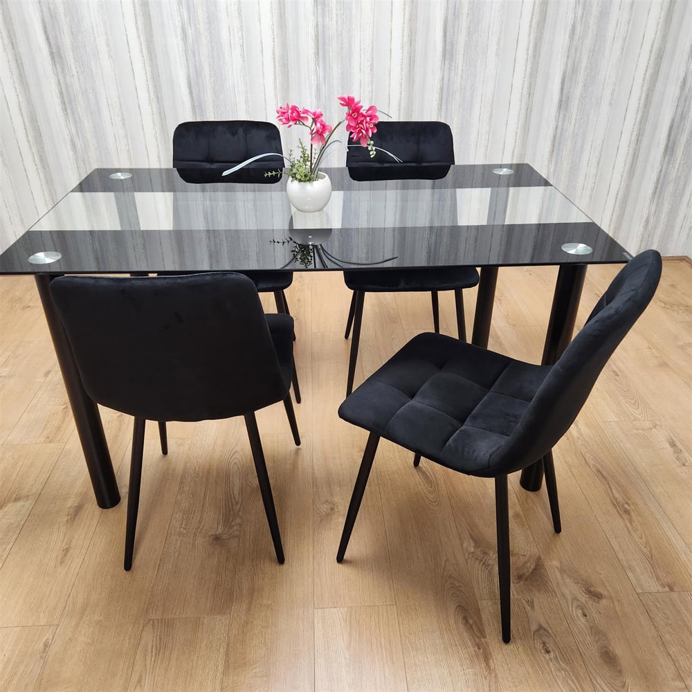 Portland Glass 4 Seater Velvet Dining Set Black Image 5