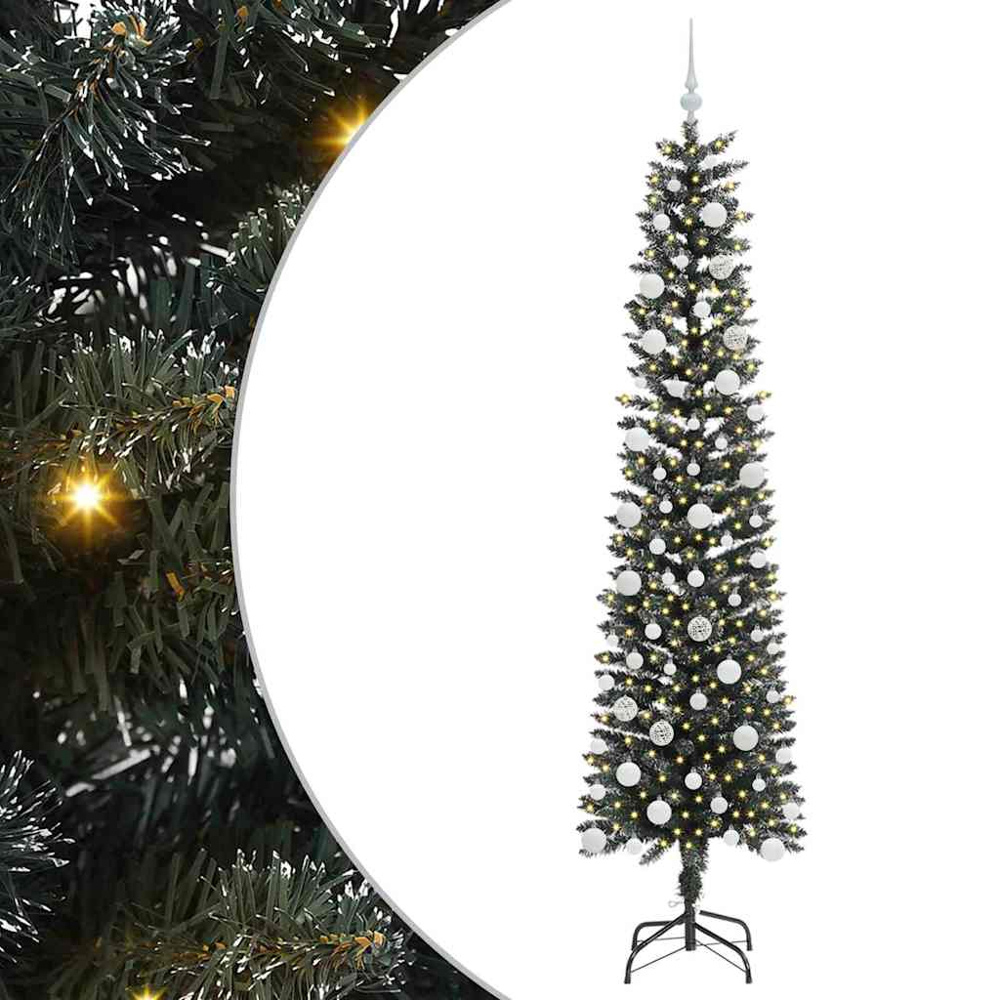 vidaXL Pre-Lit White Baubles Green Artificial Christmas Tree 7ft Image 2