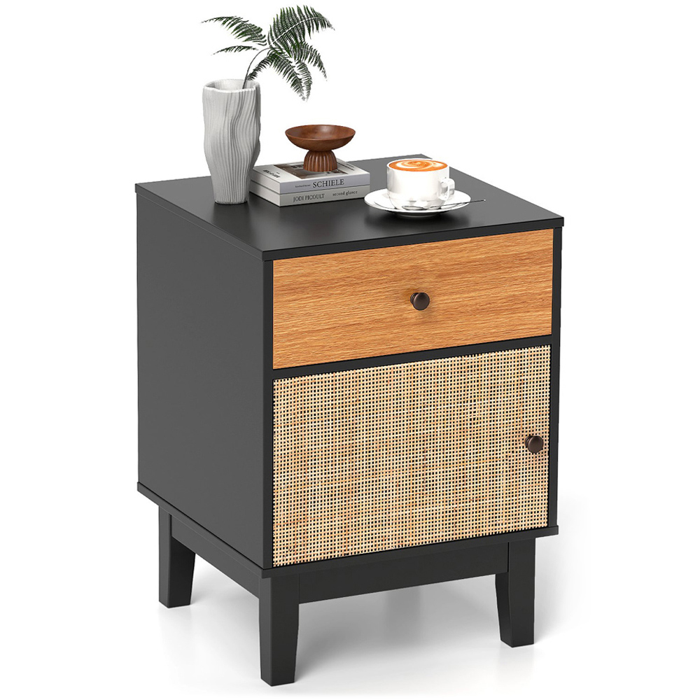Costway Single Door Single Drawer Black Modern Rattan Nightstand Image 2