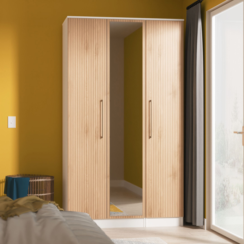 Crowndale Worcester 3 Door Slatt Effect and White Tall Mirrored Wardrobe Ready Assembled Image 9