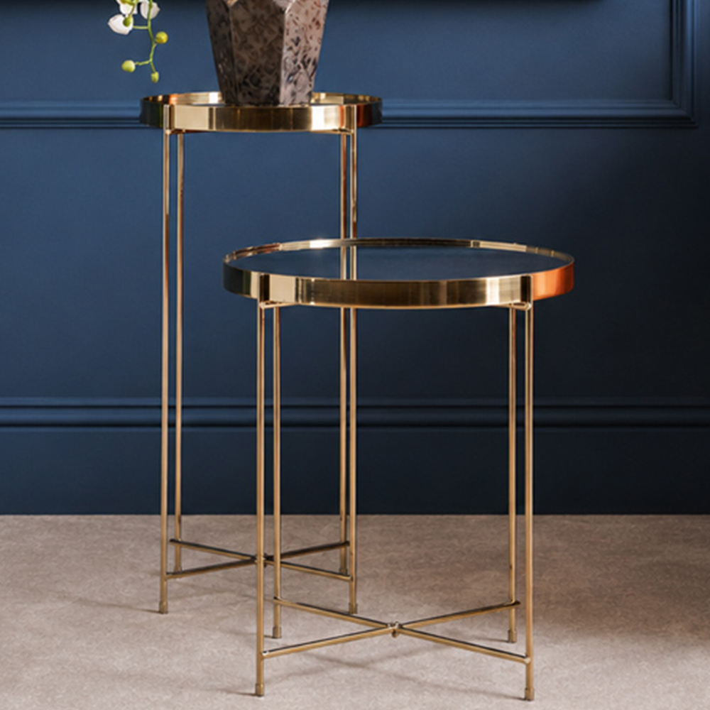 Premier Housewares Allure Black and Brushed Bronze Tall Round Side Table with Mirrored Top Image 1