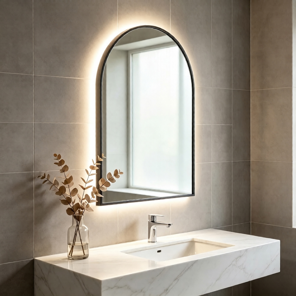 Living and Home Black Arched Aluminium Framed HD Float Glass Bathroom Mirror 40 x 60cm Image 2
