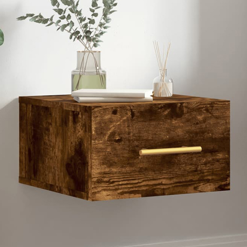 vidaXL Single Drawer Smoked Oak Wall Mounted Bedside Cabinet with Gold Handle Image 1