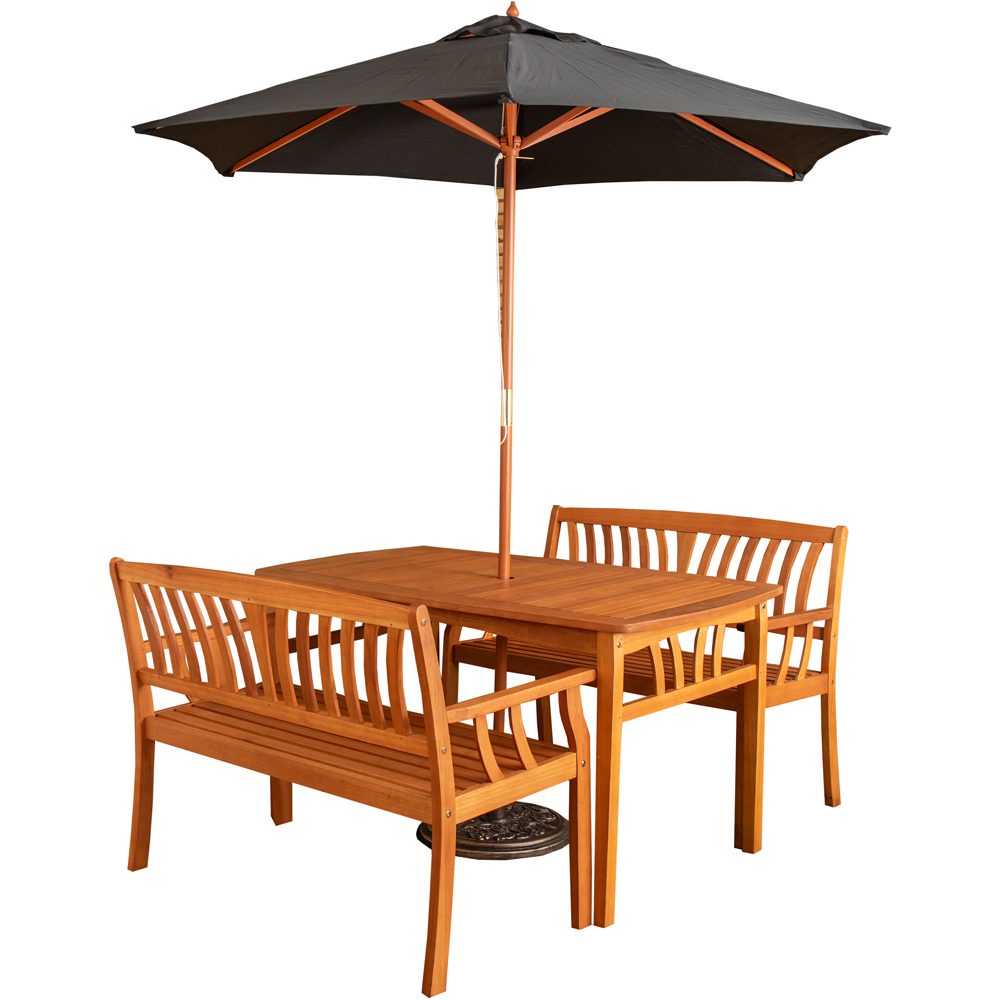 Samuel Alexander 4 Seater Wooden Garden Dining Bench Set with Black Parasol and Base Image 2