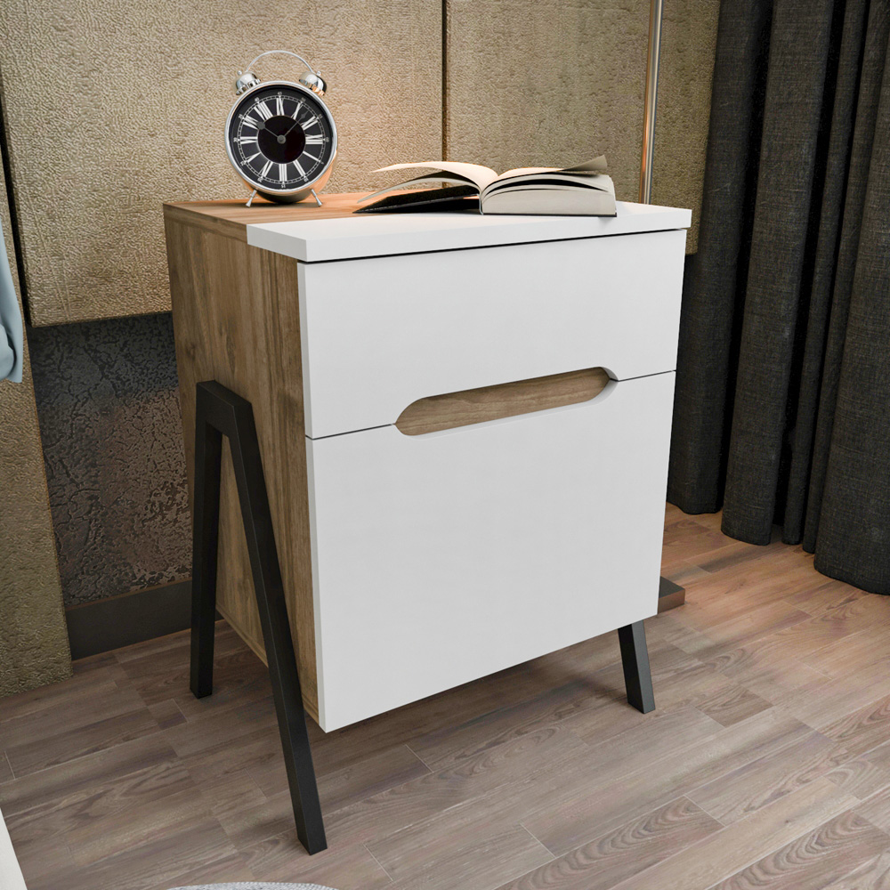 Decorotika Neva Single Door Single Drawer Walnut White and Black Side Table Image 6