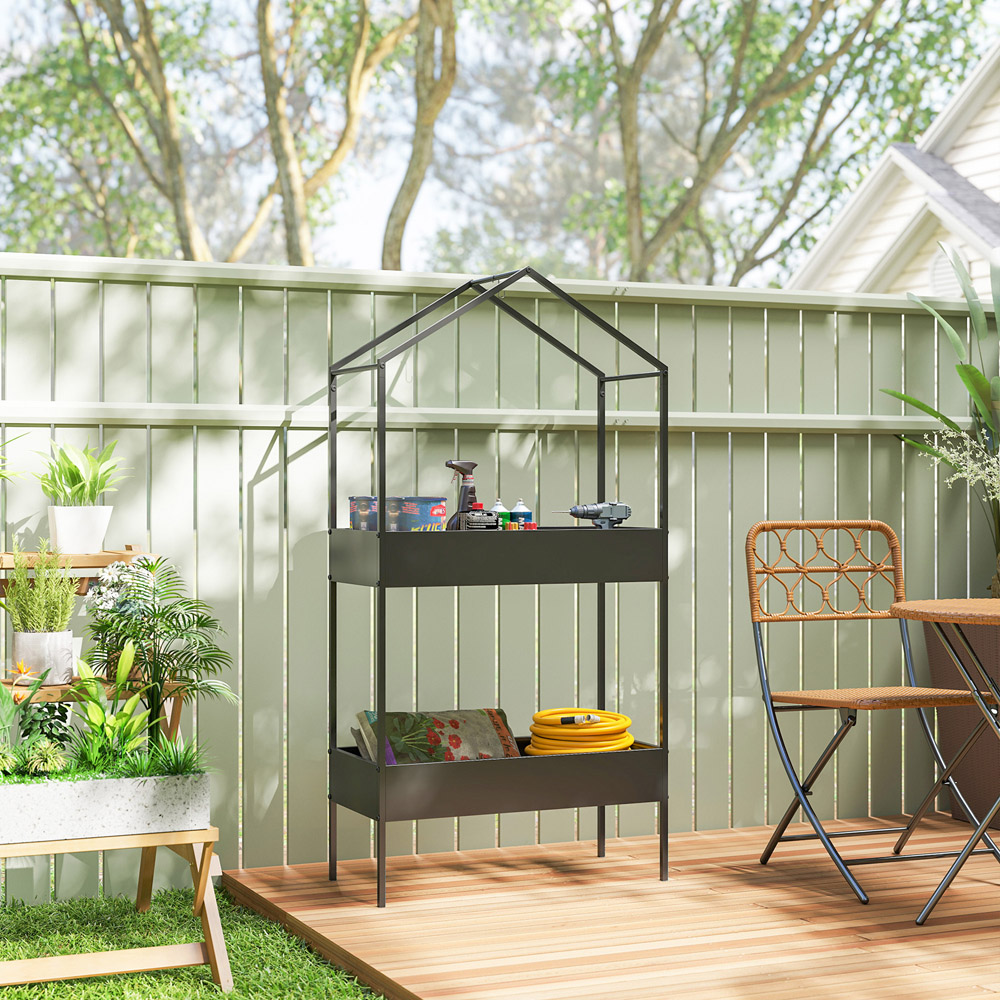 Outsunny 2 Shelf Black Metal Plant Stand with Hook Image 4