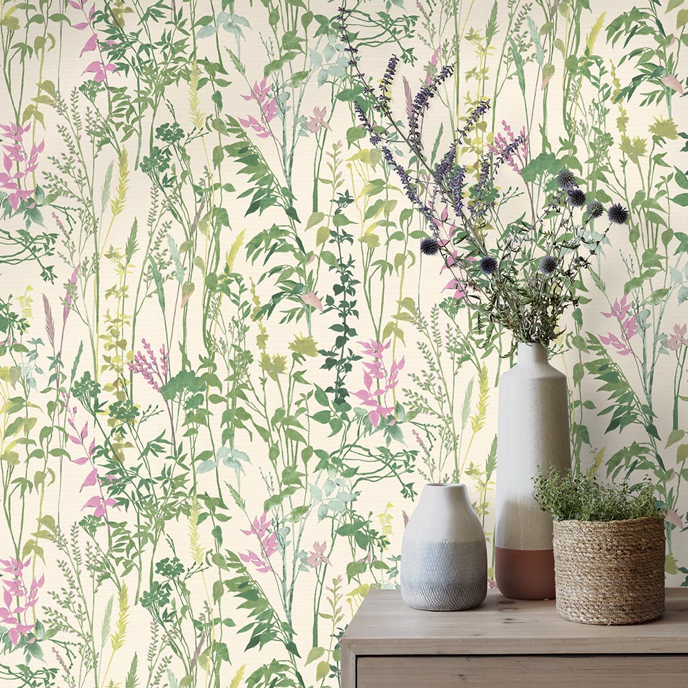 Erismann Meadow Floral Leaves Green and Pink Wallpaper Image 4