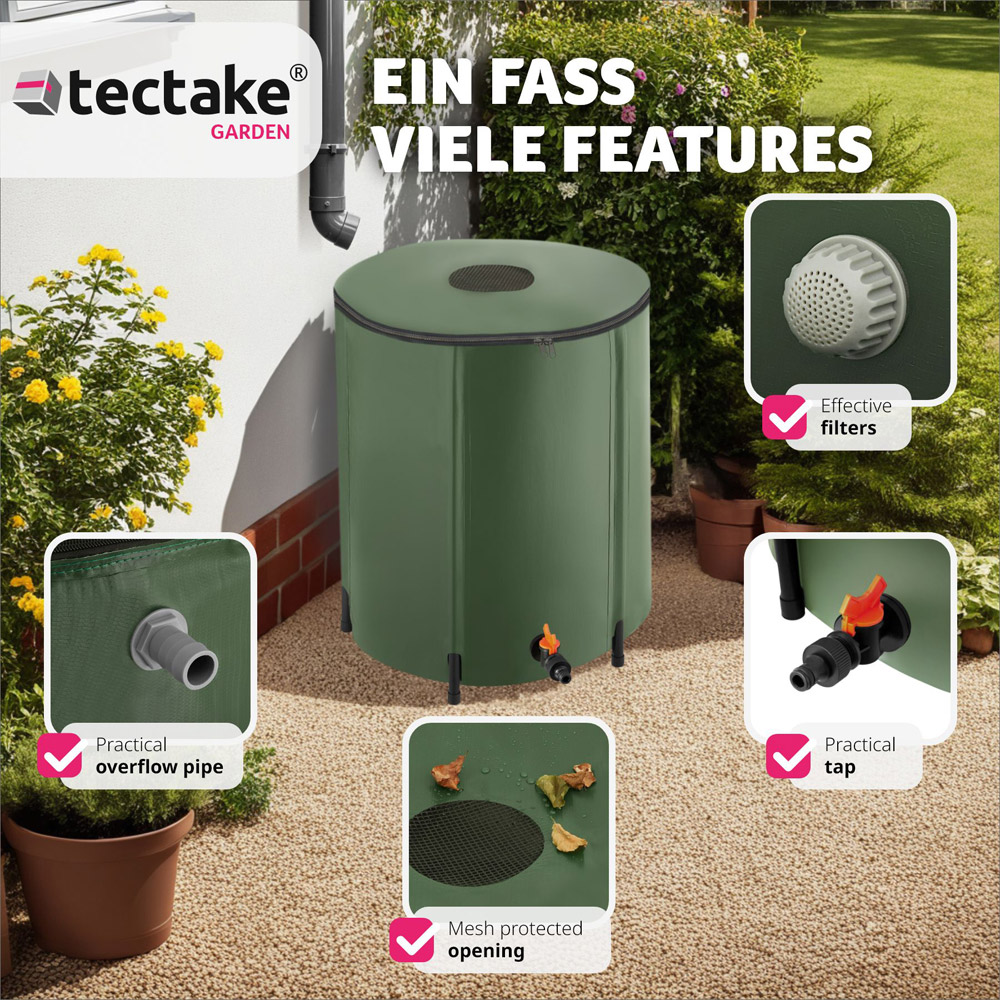 tectake Green Foldable Water Butt with Tap 200L Image 5