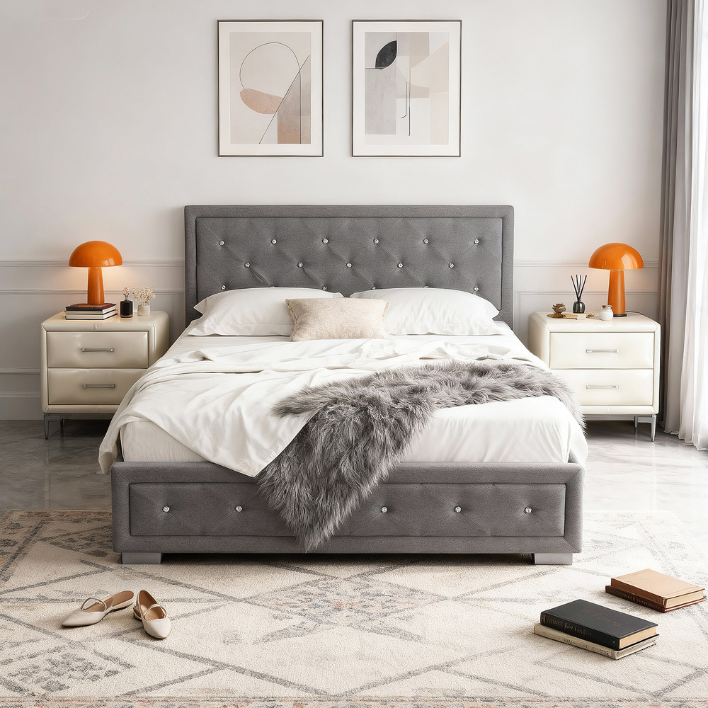 Brooklyn King Size Silver Crushed Velvet Fabric Diamante Ottoman Bed Image 2
