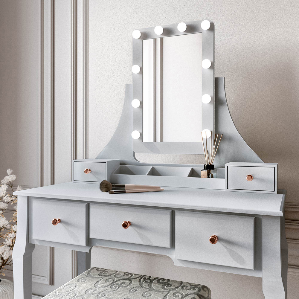 CARME Home Arianna 5 Drawer Grey Hollywood Mirror Light Deluxe Dressing Table Image 3
