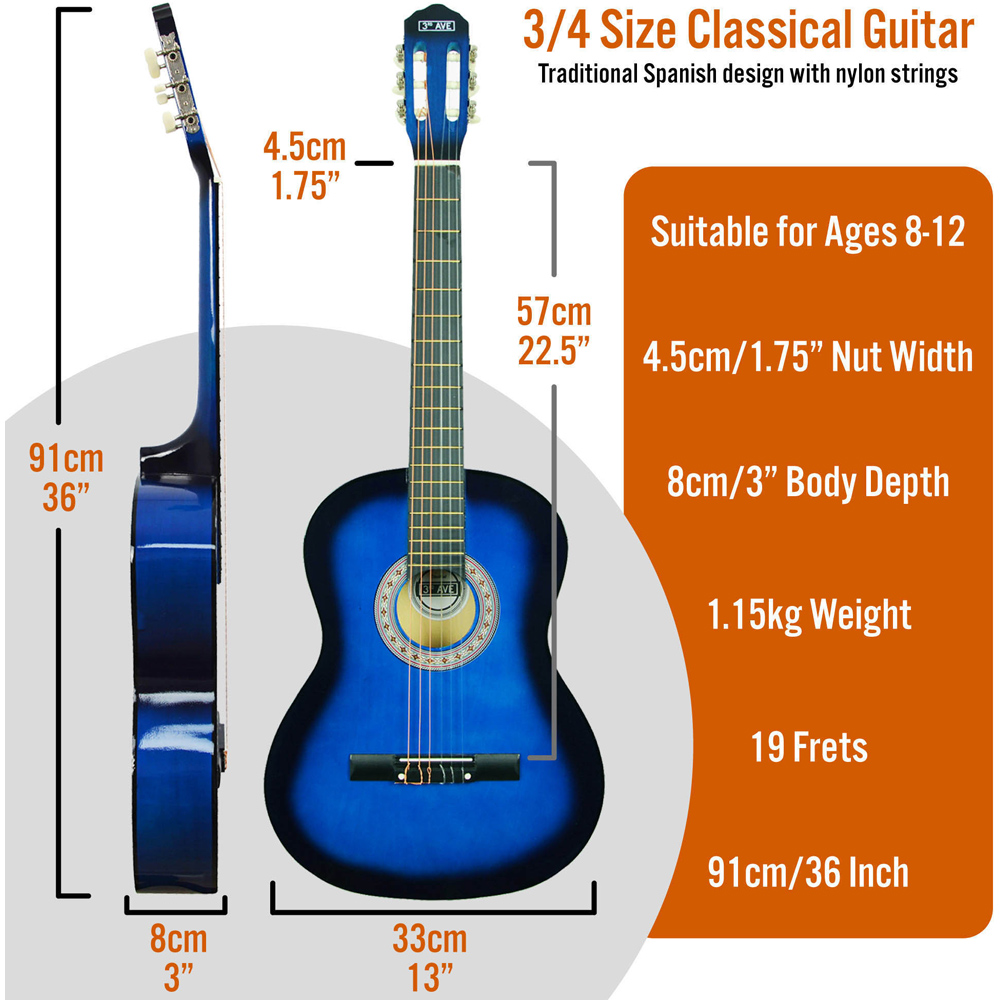 3rd Avenue Blueburst Three Quarter Size Classical Guitar Set Image 6