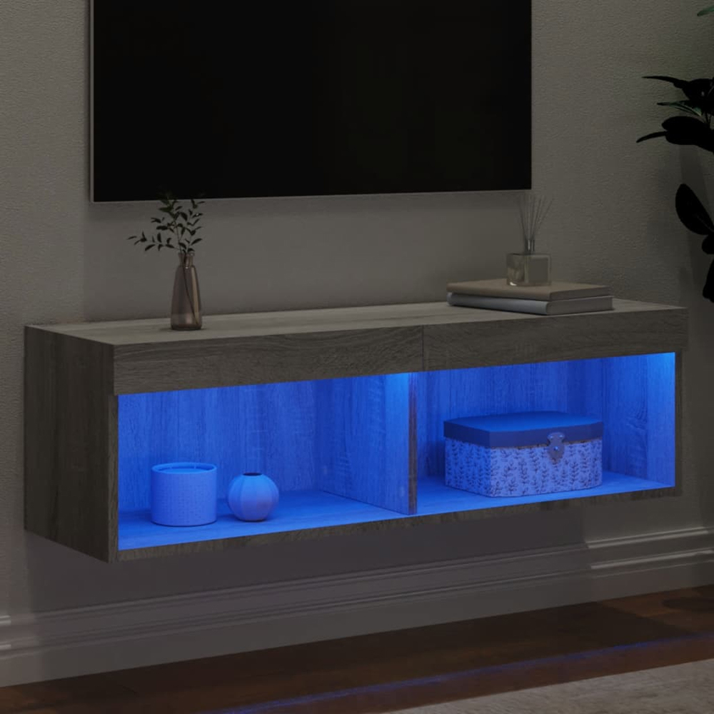 vidaXL 2 Shelf Grey Sonoma Wall Mounted TV Cabinet with LED Lights Image 7