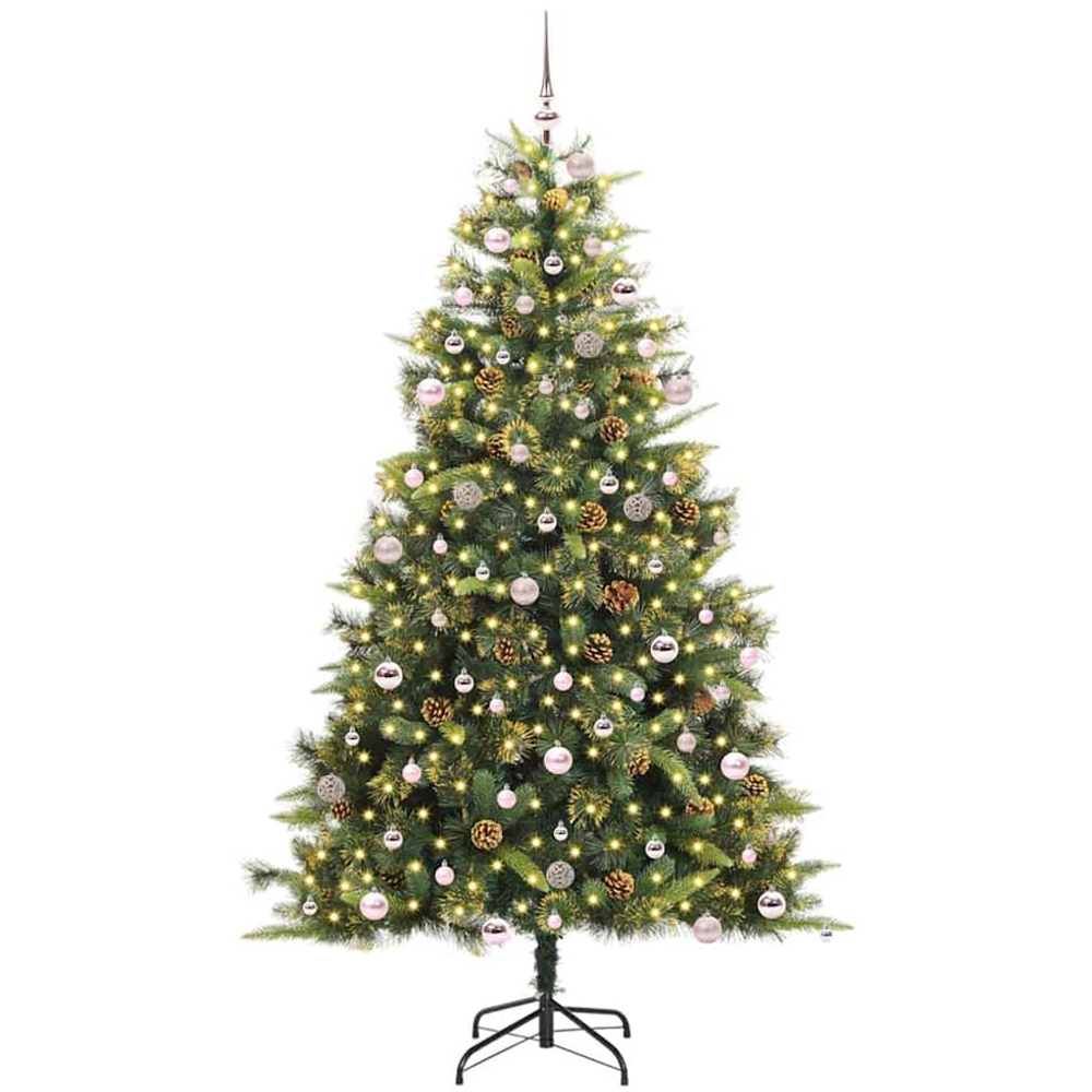 vidaXL Pre-Lit Pink Baubles and Pinecones Green Artificial Christmas Tree 8ft Image 1