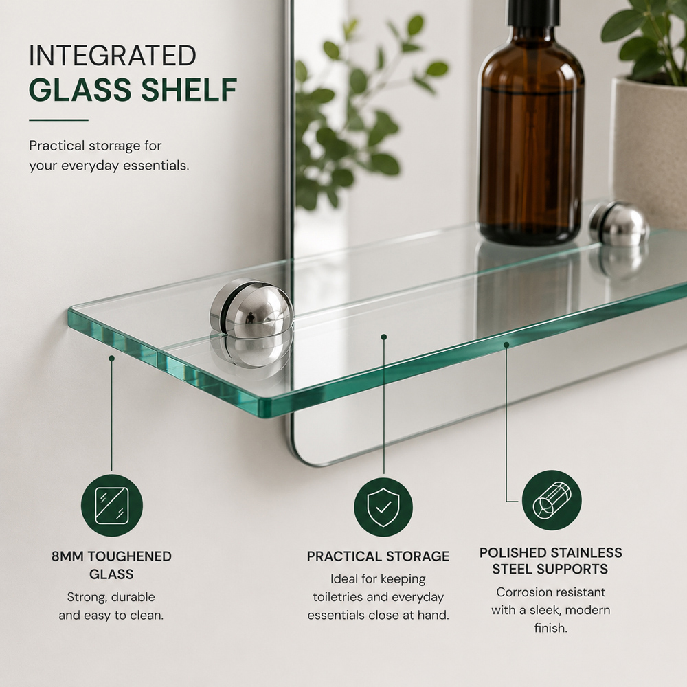 Go Bathrooms Nuto Rectangular Bathroom Mirror with Glass Shelf 450 x 600mm Image 4