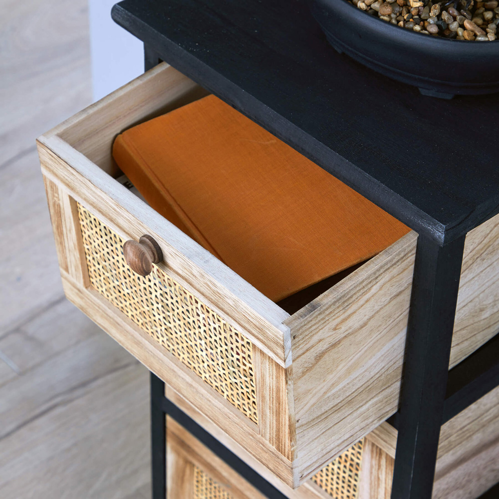 Home Source Mosina 3 Drawer Black and Rattan Solid Wooden Storage Unit Image 4