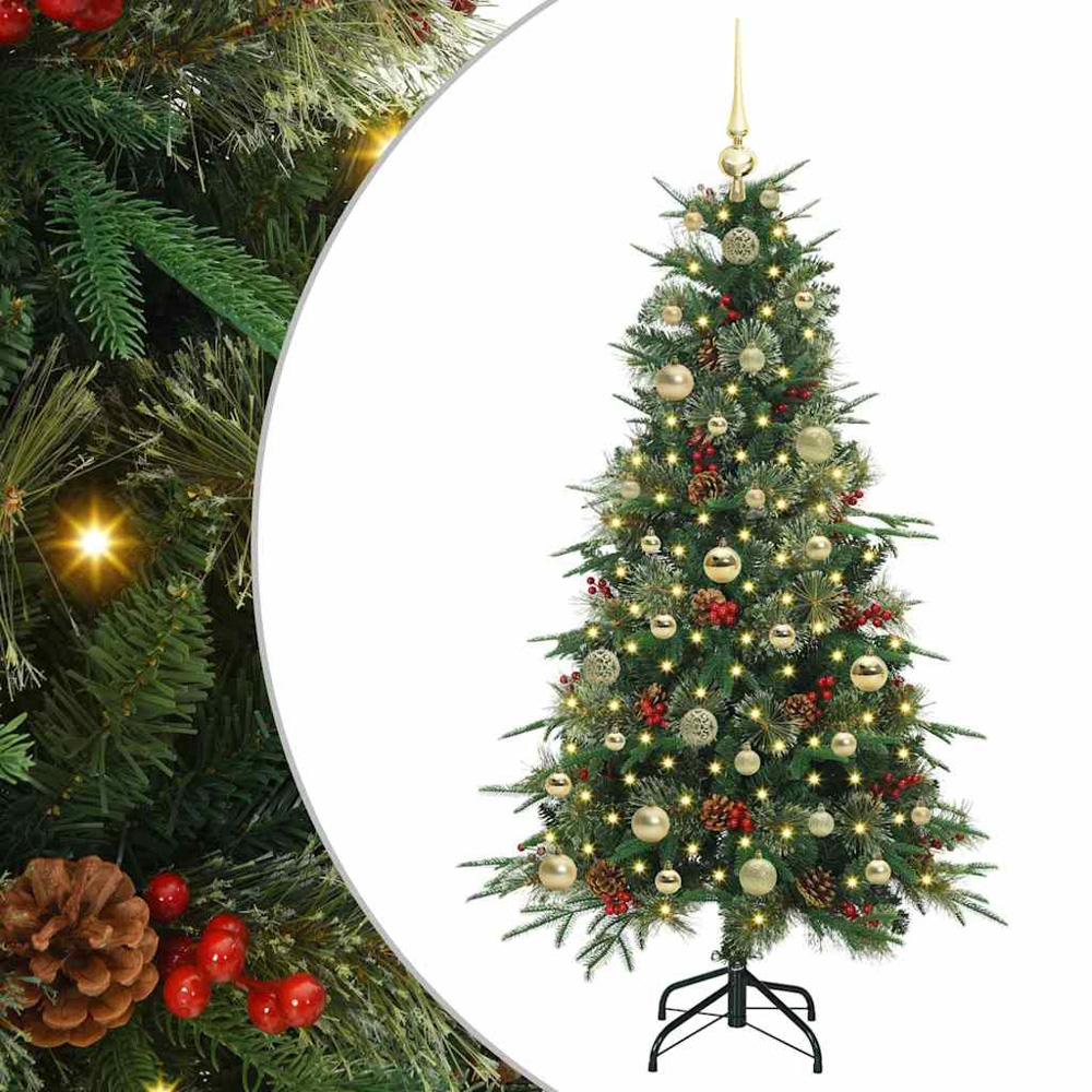 vidaXL Pre-Lit Gold Baubles Green Artificial Hinged Christmas Tree 5ft Image 2