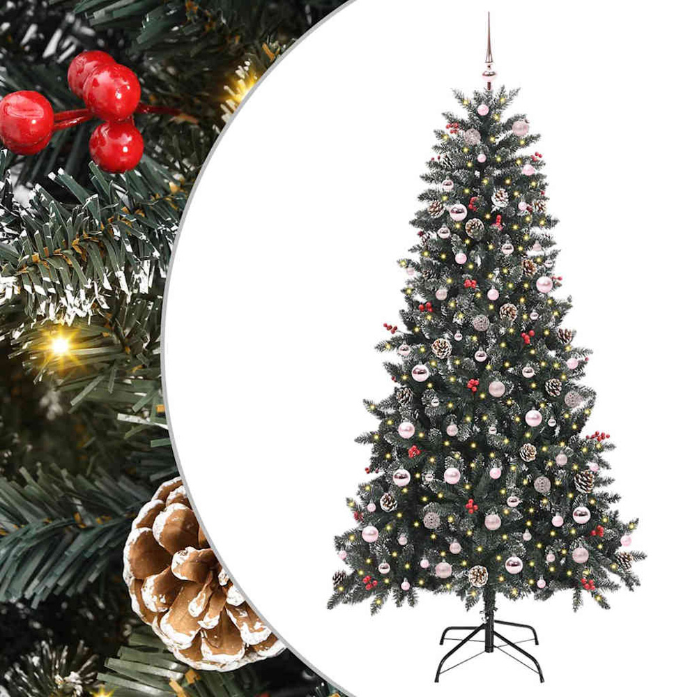 vidaXL Pre-Lit Pink Baubles and Pinecones Green Artificial Snow Tipped Christmas Tree 7ft Image 2
