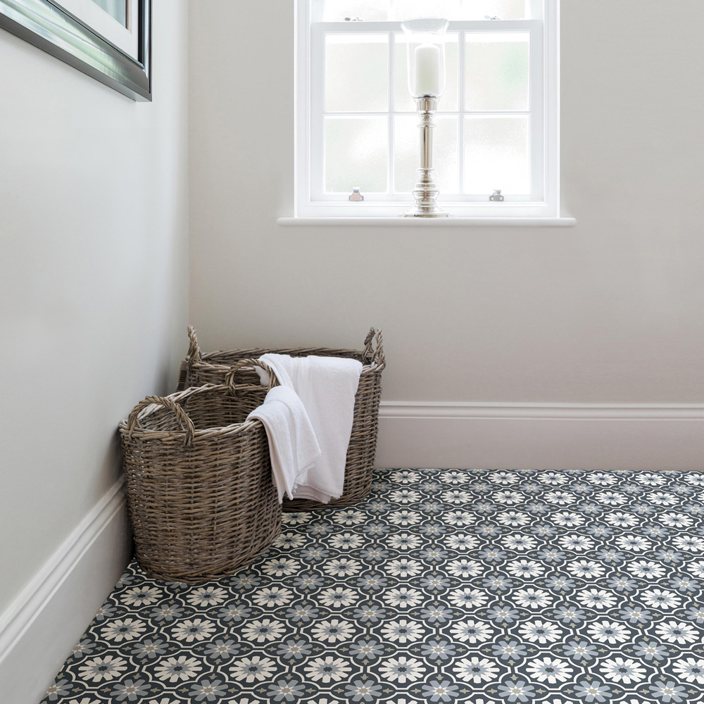 Floorpops Sevilla Dark Grey and White Peel and Stick Floor Tile 30.48 x 30.48cm 10 Pack Image 6