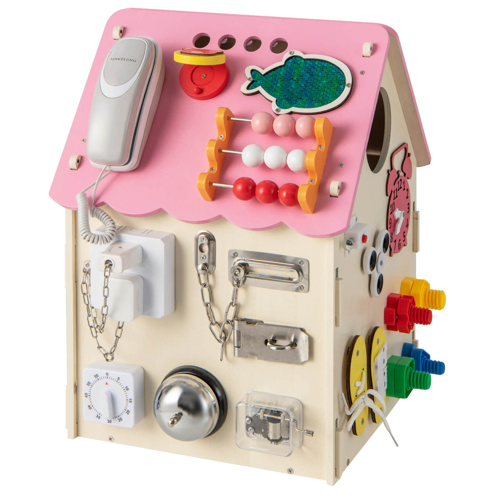 Costway Pink Wooden Busy House Toddler Learning Toy with Music Box Image 1