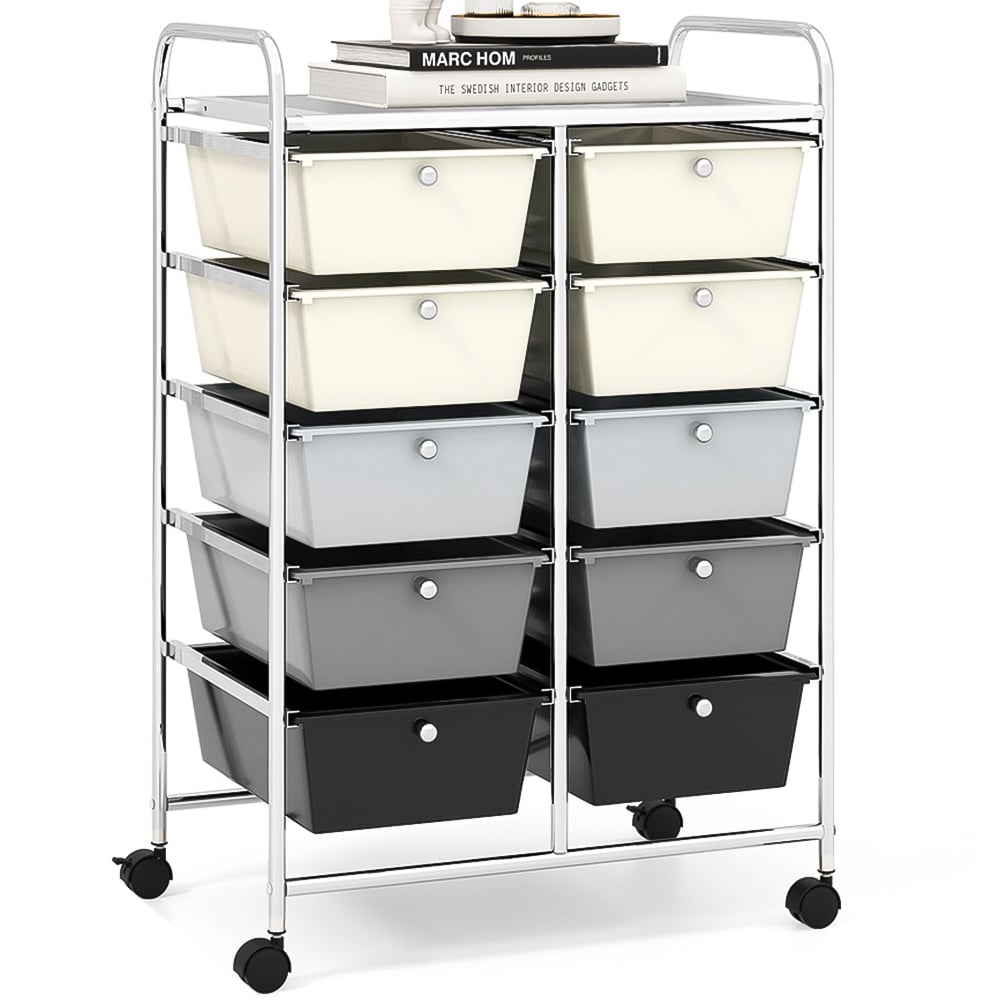 Costway 10 Drawer Black and White Storage Rolling Cart Image 1