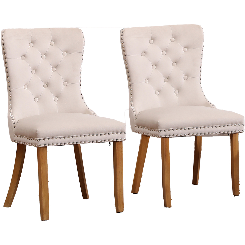 Neo Set of 2 Natural Studded Velvet Dining Chairs with Ring Knocker Detail Image 2