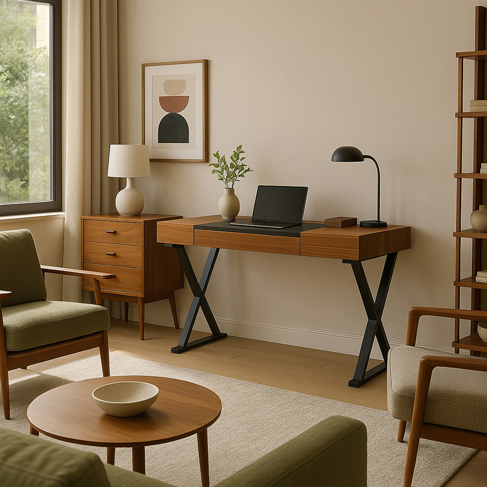 Centurion Supports Adonis Single Drawer Computer Desk with Leather Pad Matt Black and Walnut Image 8