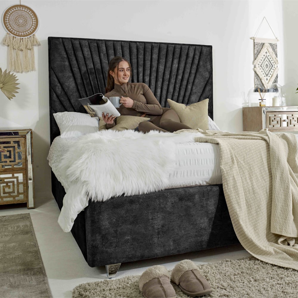 Eleganza Dawn Double Gunmetal Marble Fabric Bed Frame with Headboard Image 4