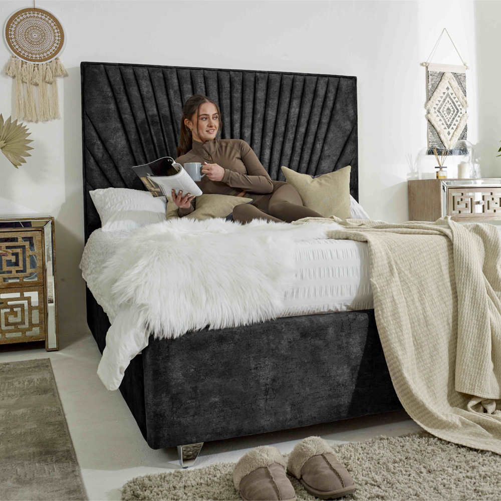 Eleganza Dawn Single Gunmetal Marble Fabric Bed Frame with Headboard Image 4