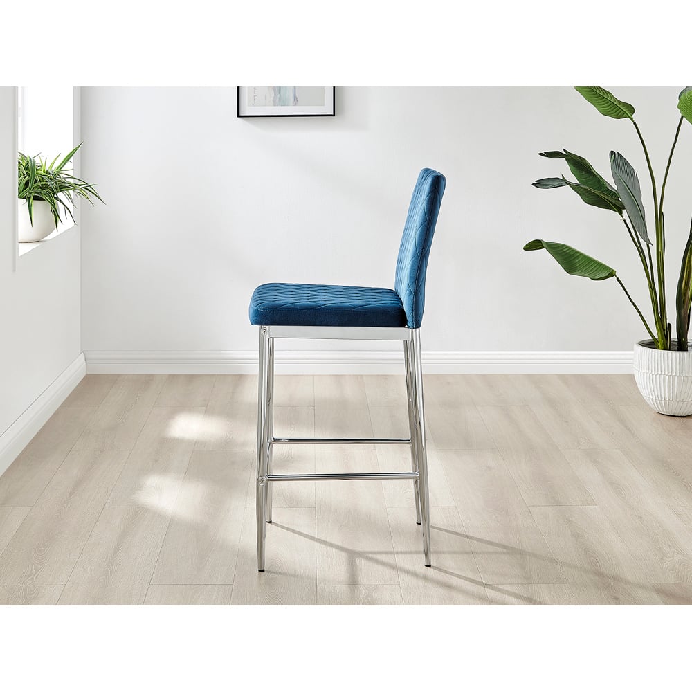 Furniturebox Modern Valera Navy Blue and Silver Velvet Bar Stool Set of 2 Image 4