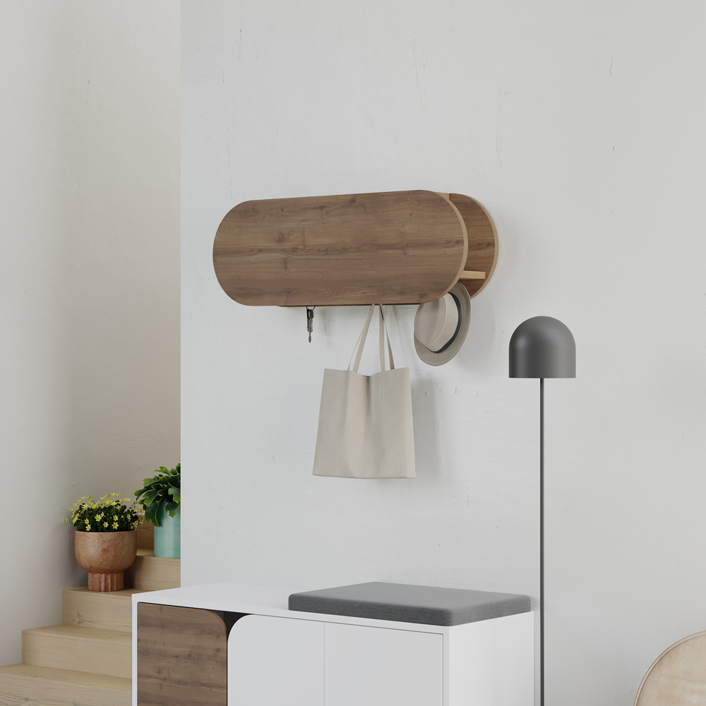 Decortie Kroma 6 Hook Single Door Dark Oak Modern Wall Mounted Coat Hanger with Storage Cabinet Image 2