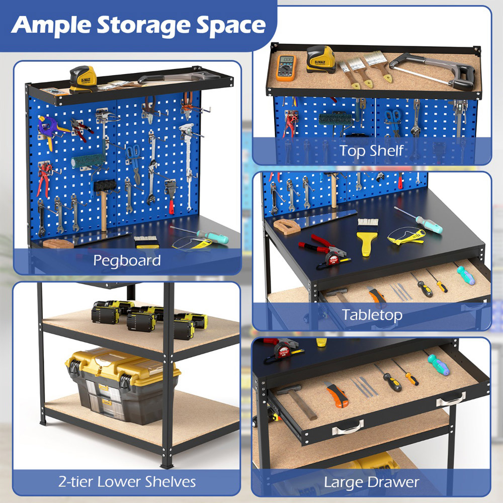 Costway Navy Workbench with Pegboard and Shelves 81 x 41cm Image 4