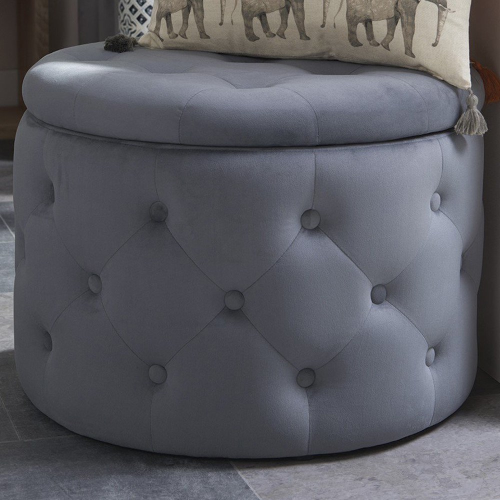 Grey Round Storage Ottoman Footstool Image 1