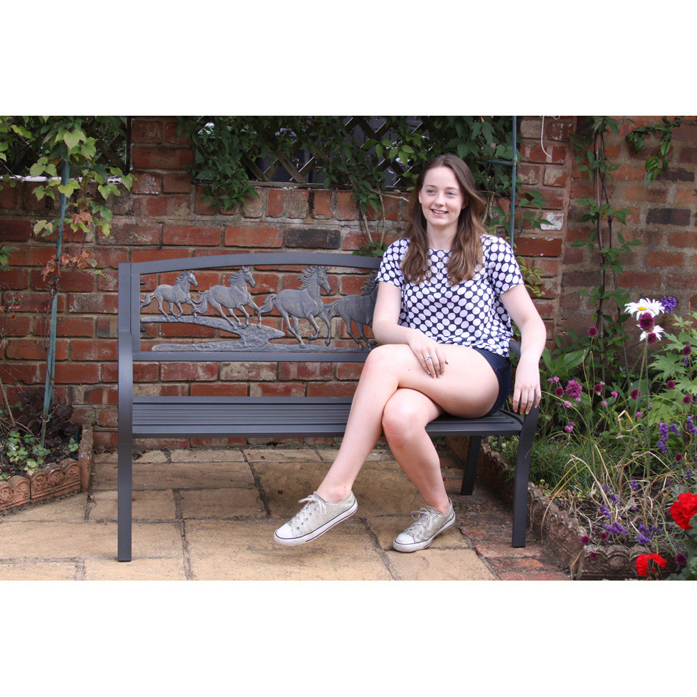 Gardeco 2 Seater Running Horse Motif Bronze Patina Steel framed Cast Iron Bench Image 4