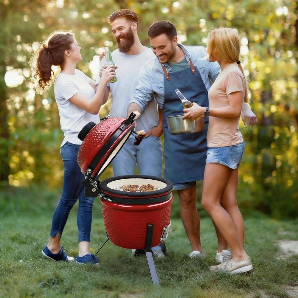 Alivio Kamado Red Portable Ceramic 13 inch Mini BBQ Grill Smoker Egg with Stand Image 5