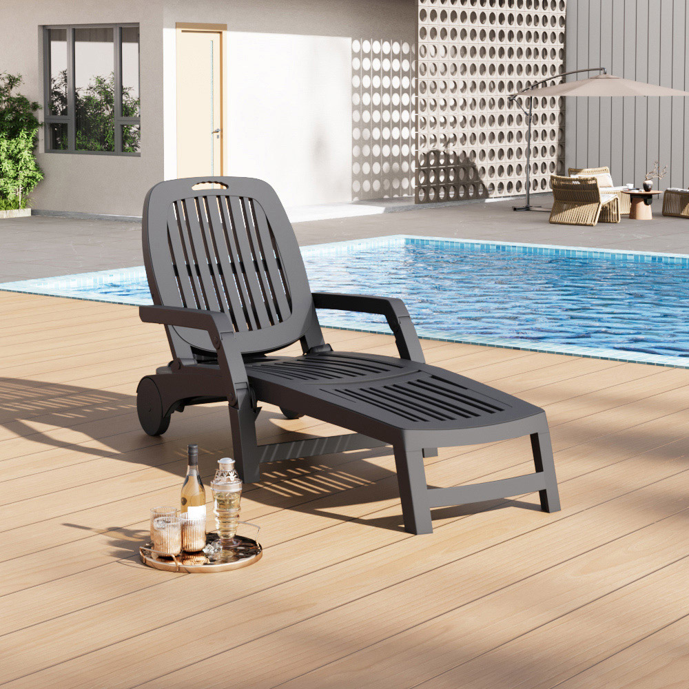 Living and Home Black Adjustable Folding Lounge Chair Recliner with Wheels and Storage Box Image 8