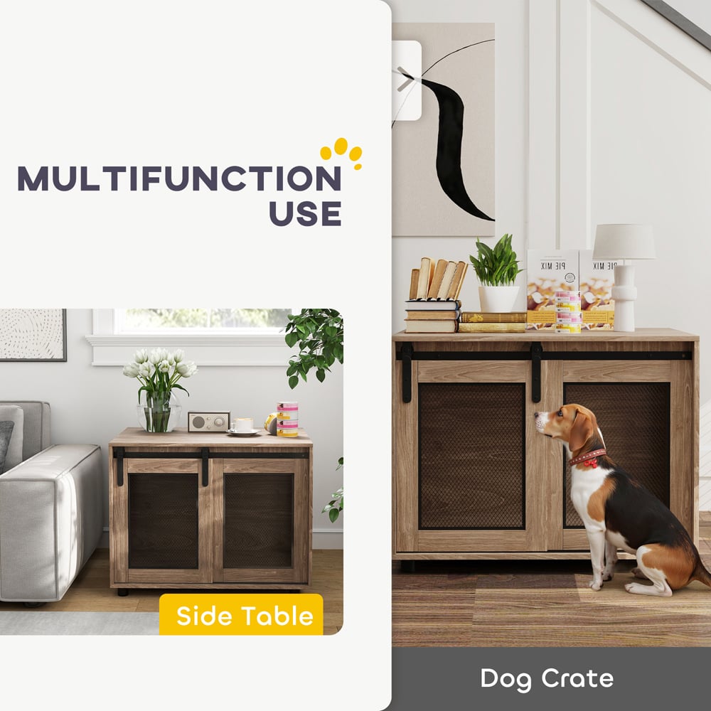 PawHut Walnut Brown Medium Dog Crate Furniture with Sliding Door Image 4