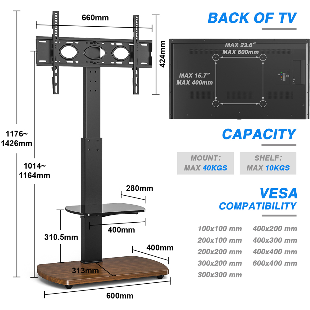TTAP Walnut Base 2 Shelf Floor Pedestal TV Stand Image 8