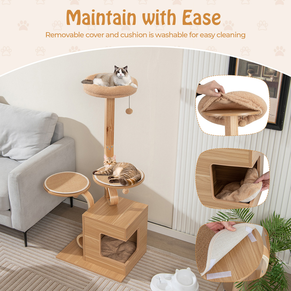 Costway Natural Wooden Cat Tree with Solid Wood Post 130cm Image 4