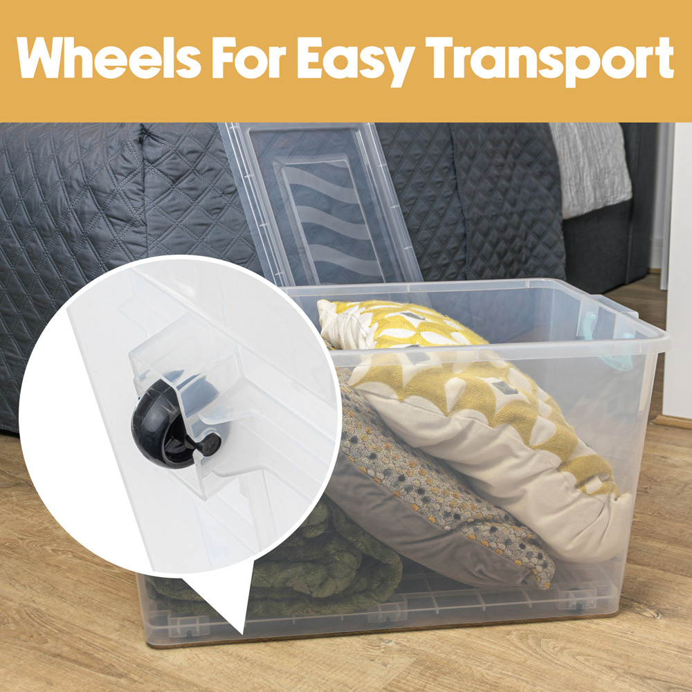 JVL 50L Clear Plastic Stackable and Nestable Storage Box with Wheels and Clip Lid 4 Pack Image 5