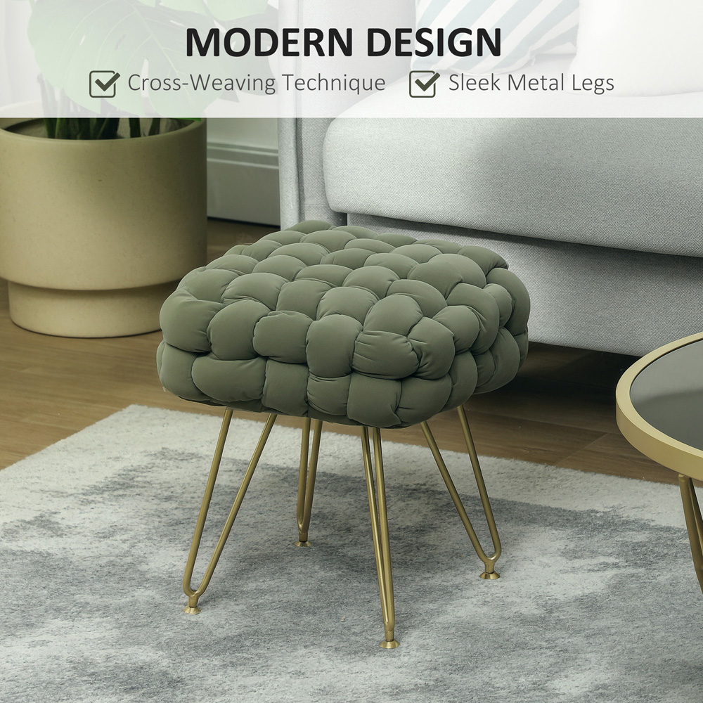 HOMCOM Green Woven Velvet Footstool with Metal Legs Image 5