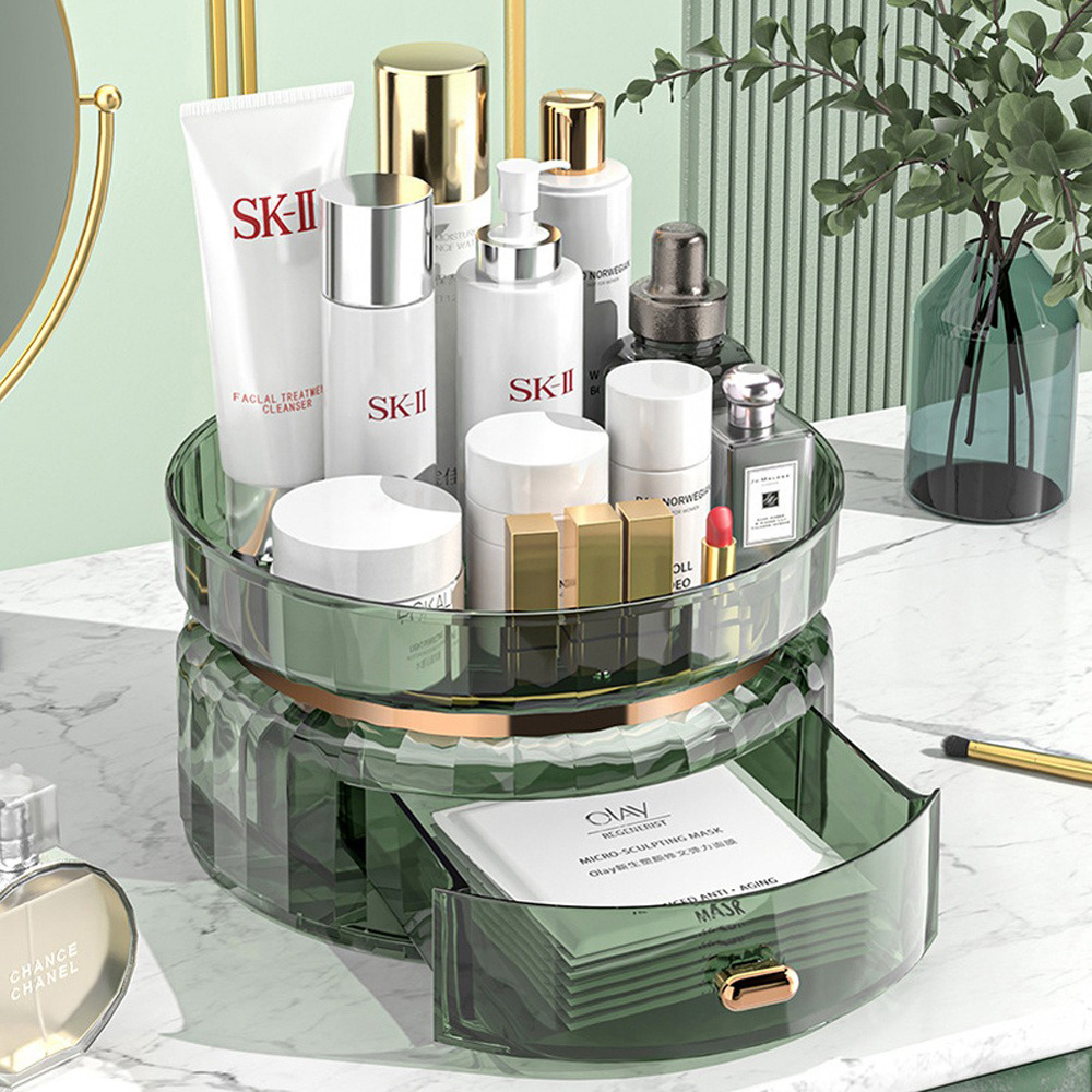 Living and Home Green 360° Rotating Makeup Organizer with Drawer Image 2