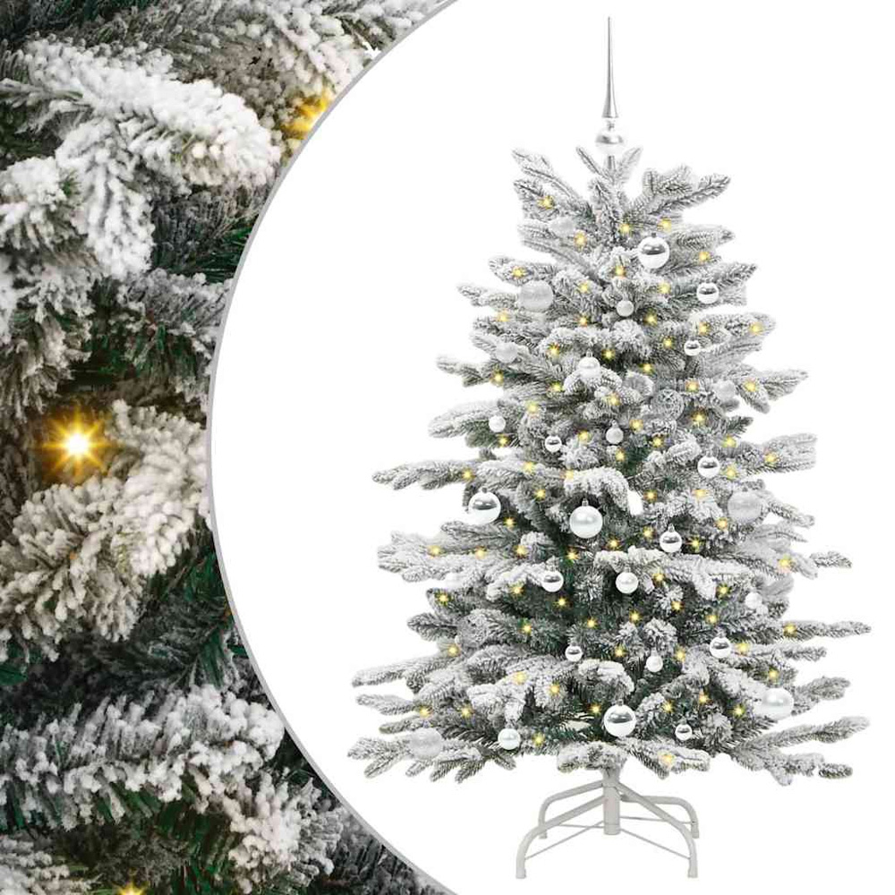 vidaXL Pre-Lit Silver Baubles White Artificial Snow Flocked Christmas Tree 5ft Image 2