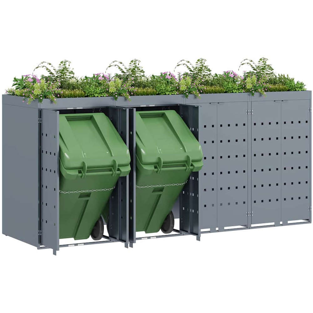 vidaXL Light Grey 4 Wheelie Bin Storage Shed with Planter Roof Image 3
