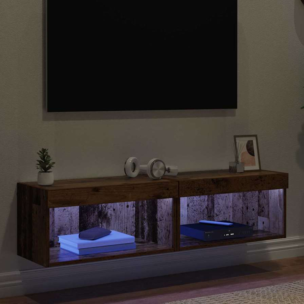 vidaXL Single Shelf Old Wood Wall Mounted Wide TV Cabinet with LED Light 2 Pack Image 1