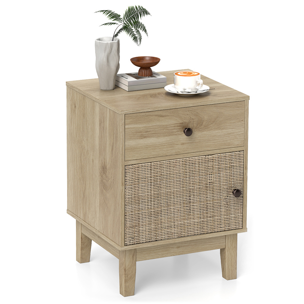 Costway Single Door Single Drawer Natural Rattan Nightstand Image 2