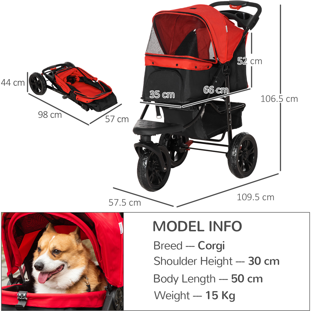 PawHut Red Foldable 3 Wheel Pet Stroller with Brake Image 8