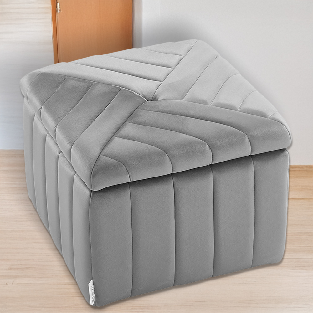 H&O Direct Grey Velvet Upholstered Storage Ottoman Image 1